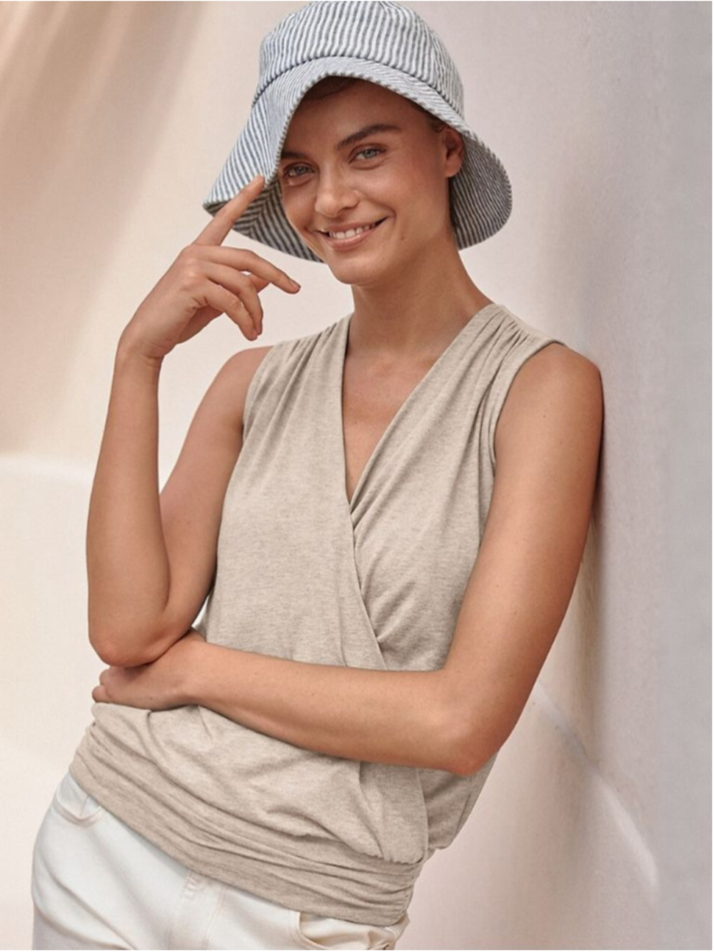 Garnet Hill Banded Surplice Knit Tank Top S Tan White Striped Wrap Blouson - Picture 3 of 10